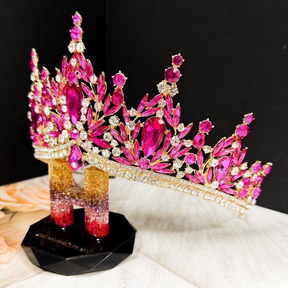 Fuchsia Gemstone Crown, Birthday Tiara, Wedding Headband, Prom Crown, Gold Tiara main image 4